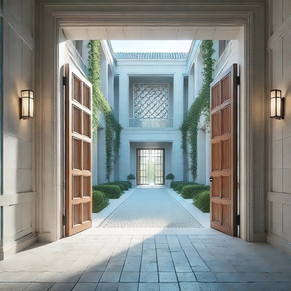 Quiet stone hallway opening into a sunlit courtyard, suggesting pause and renewal